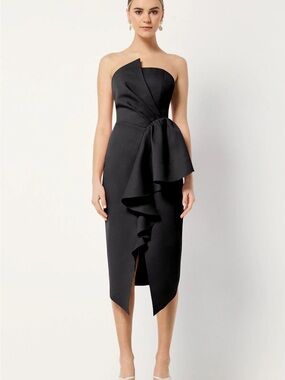 Elliatt Reception Strapless Black Ruffle Midi Dress - S